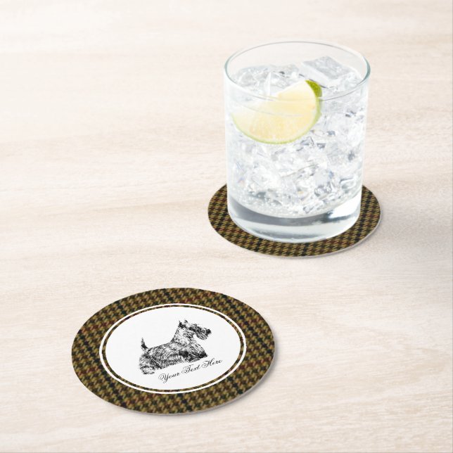 Scottish Terrier and Tweed Pattern Personalise Round Paper Coaster (Insitu)