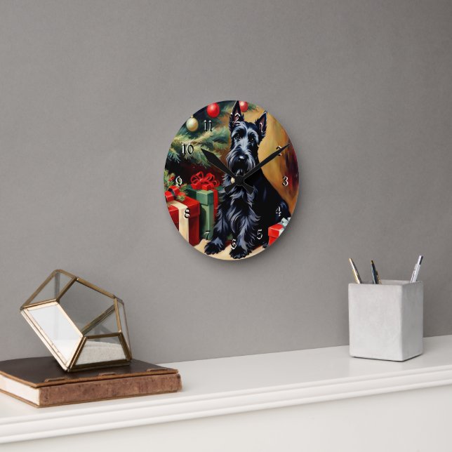 Scottish Terrier at Christmas Round Clock (Office)
