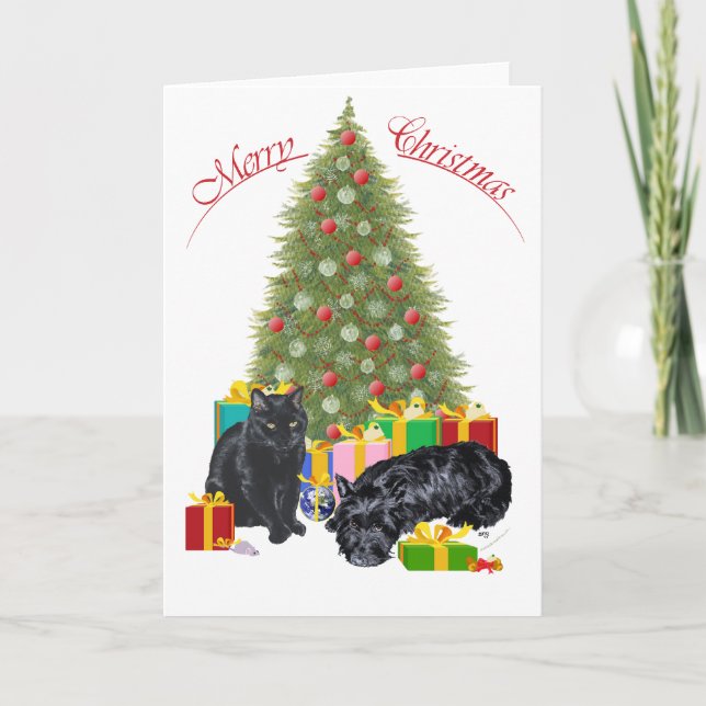 Scottish Terrier & Black Cat Christmas Holiday Card (Front)