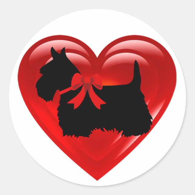 Scottish Terrier black double red heart/bow/collar Classic Round Sticker (Front)