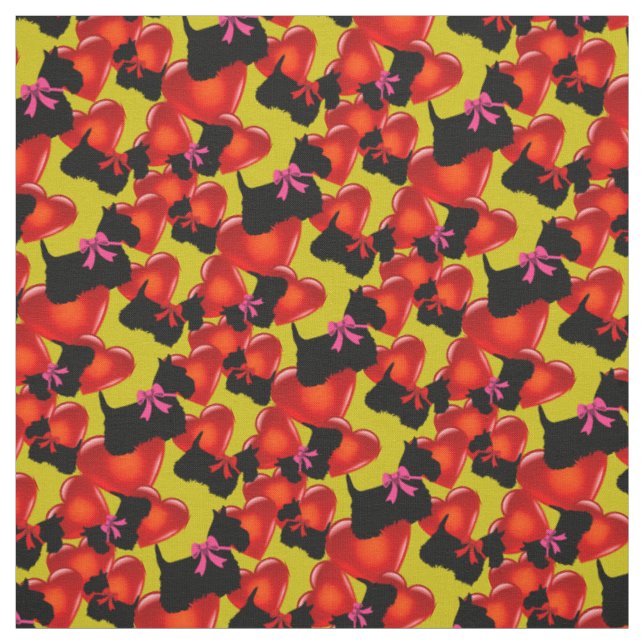 Scottish Terrier black, hearts, red/pink bow Fabric (Swatch)
