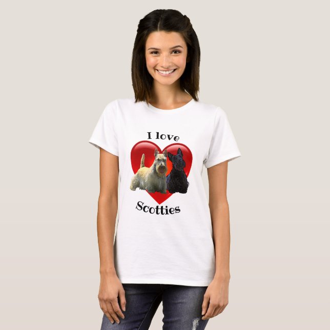 Scottish Terrier black, I Iove Scotties, red heart T-Shirt (Front Full)
