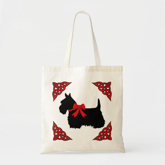 Scottish Terrier black, red cletic braid, bow Tote Bag (Front)