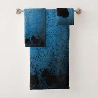 Scottish Terrier, black silhouette, granite blue Bath Towel Set
