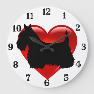 Scottish Terrier black silhouette red heart Large Clock