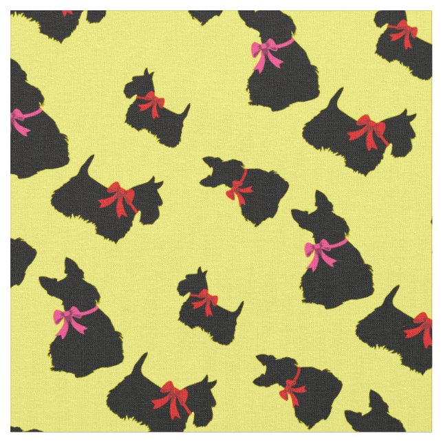 Scottish Terrier black silhouette, red/pink bow Fabric (Close Up)