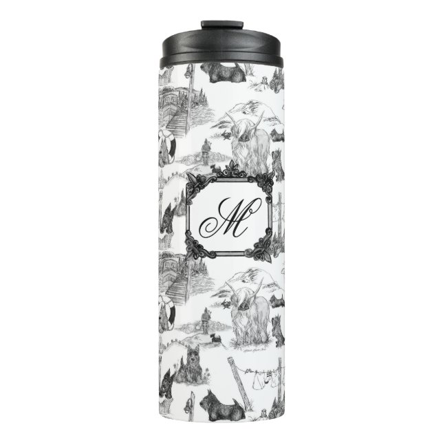 SCOTTISH Terrier Black Toile w/Monogram Thermal Tumbler (Front)
