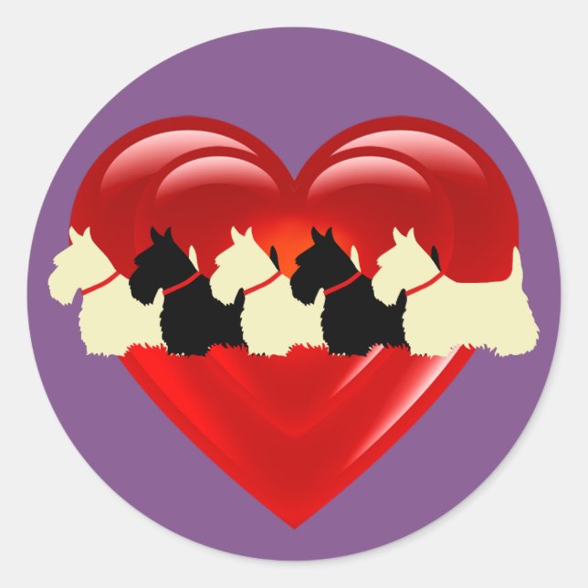 Scottish Terrier black/white double heart/collar Classic Round Sticker (Front)