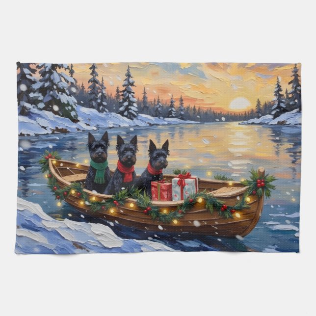 Scottish Terrier Christmas Boat Holiday Tea Towel (Horizontal)