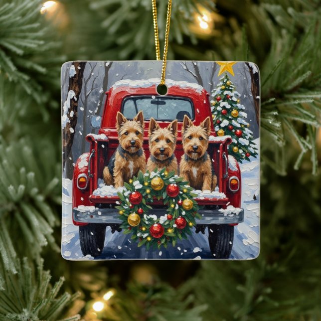 Scottish Terrier Christmas Red Truck Holiday Ceramic Ornament (Tree)