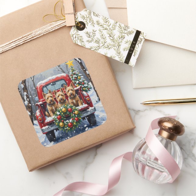 Scottish Terrier Christmas Red Truck Holiday Square Sticker (Gifting)