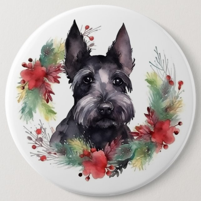 Scottish Terrier Christmas Wreath Festive Pup  6 Cm Round Badge (Front)