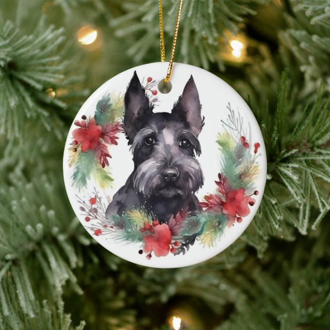 Scottish Terrier Christmas Wreath Festive Pup  Ceramic Tree Decoration (Tree)