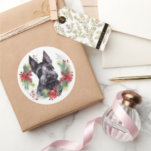 Scottish Terrier Christmas Wreath Festive Pup  Classic Round Sticker