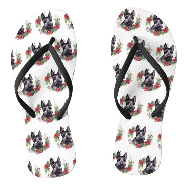 Scottish Terrier Christmas Wreath Festive Pup  Flip Flops (Footbed)