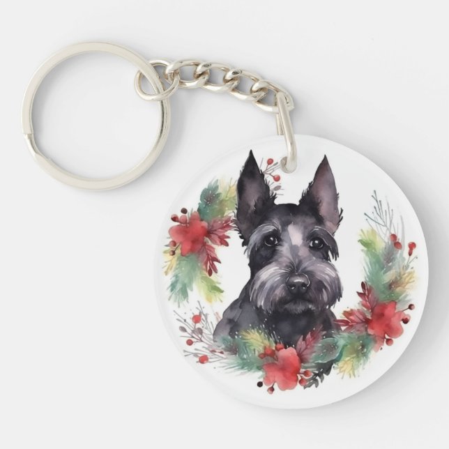 Scottish Terrier Christmas Wreath Festive Pup  Key Ring (Front)