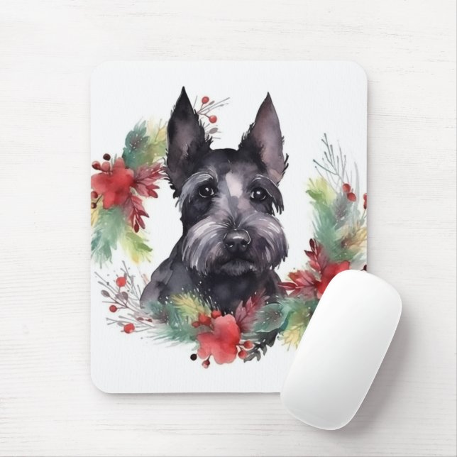 Scottish Terrier Christmas Wreath Festive Pup  Mouse Mat (With Mouse)