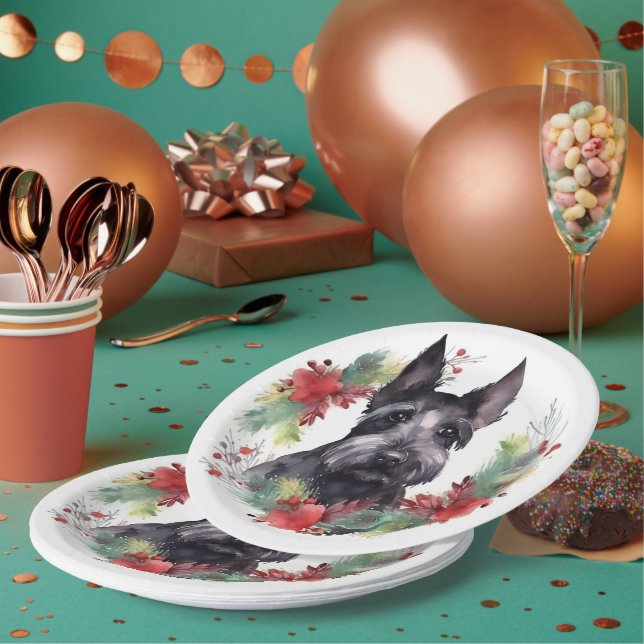 Scottish Terrier Christmas Wreath Festive Pup  Paper Plate (Multi)