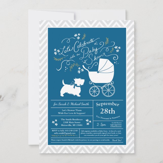 Scottish Terrier Dog Baby Shower Blue Boy Invitation (Front)