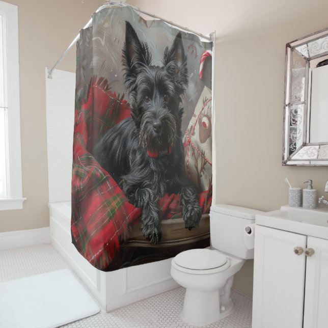 Scottish Terrier Dog Christmas Festive Shower Curtain (In Situ)