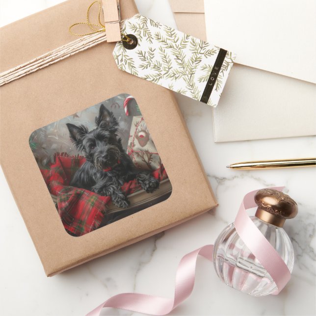 Scottish Terrier Dog Christmas Festive Square Sticker (Gifting)