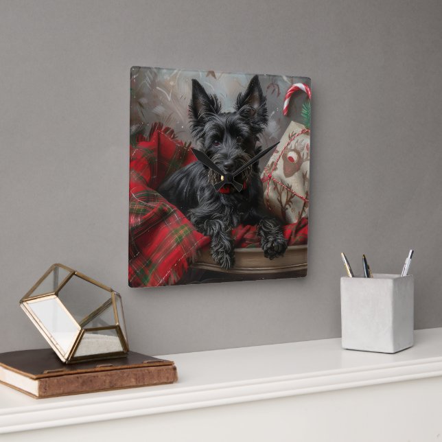 Scottish Terrier Dog Christmas Festive Square Wall Clock (Office)