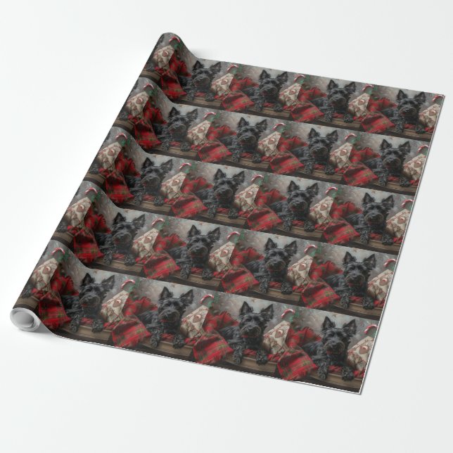 Scottish Terrier Dog Christmas Festive Wrapping Paper (Unrolled)