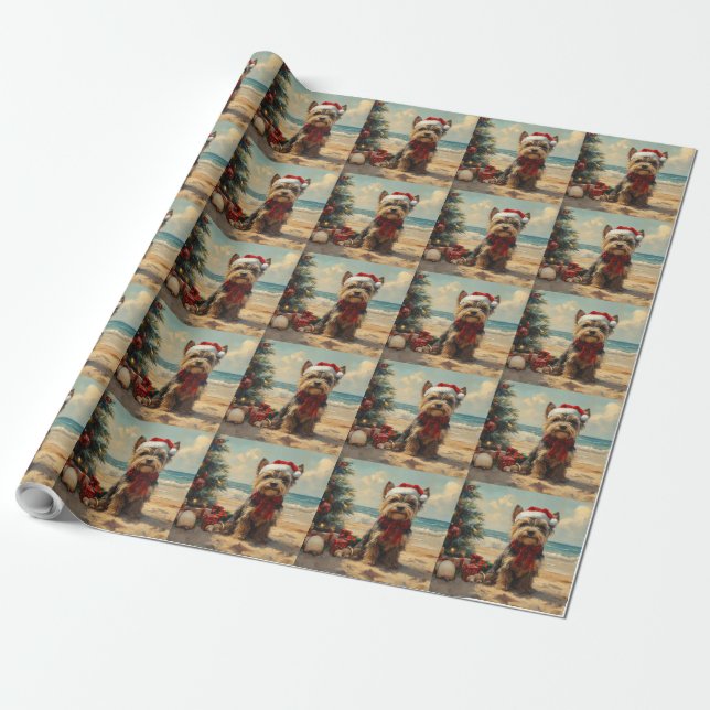Scottish Terrier Dog Christmas Vintage Beach Wrapping Paper (Unrolled)