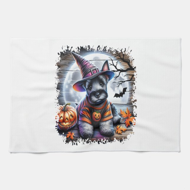 Scottish Terrier Dog Halloween Tea Towel (Horizontal)