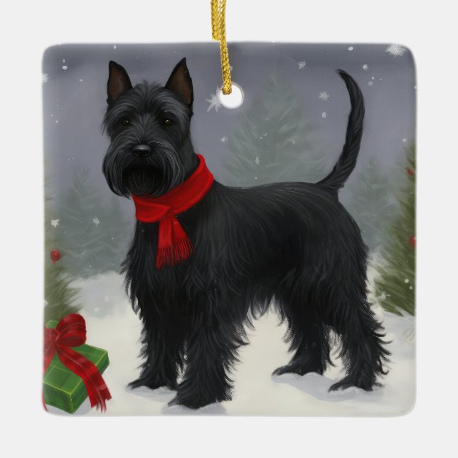 Scottish Terrier Dog in Snow Christmas Ceramic Ornament (Front)
