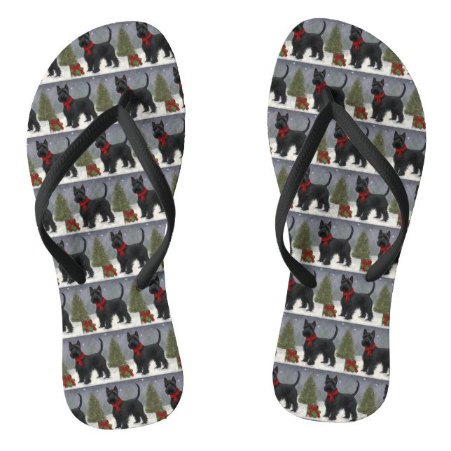 Scottish Terrier Dog in Snow Christmas Flip Flops (Footbed)
