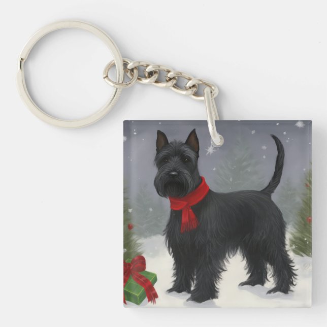 Scottish Terrier Dog in Snow Christmas Key Ring (Front)