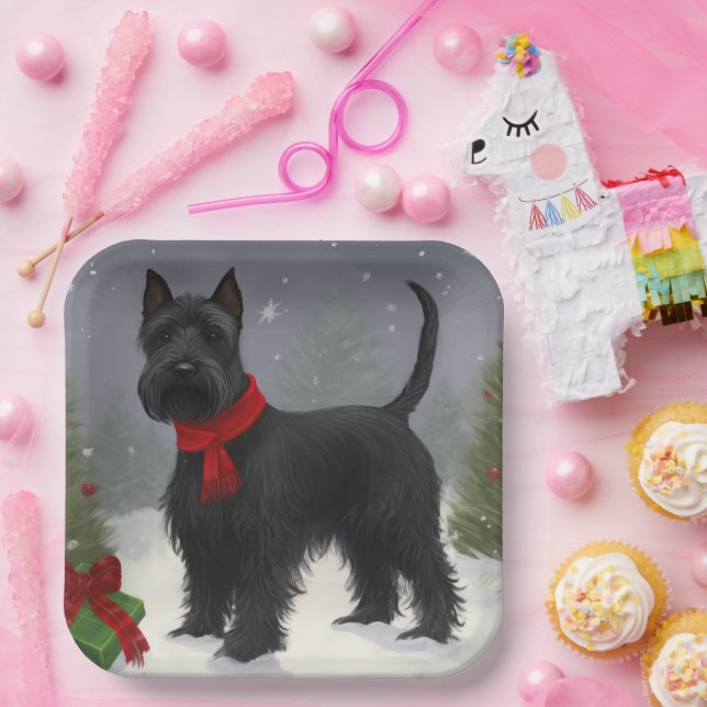 Scottish Terrier Dog in Snow Christmas Paper Plate (Party)
