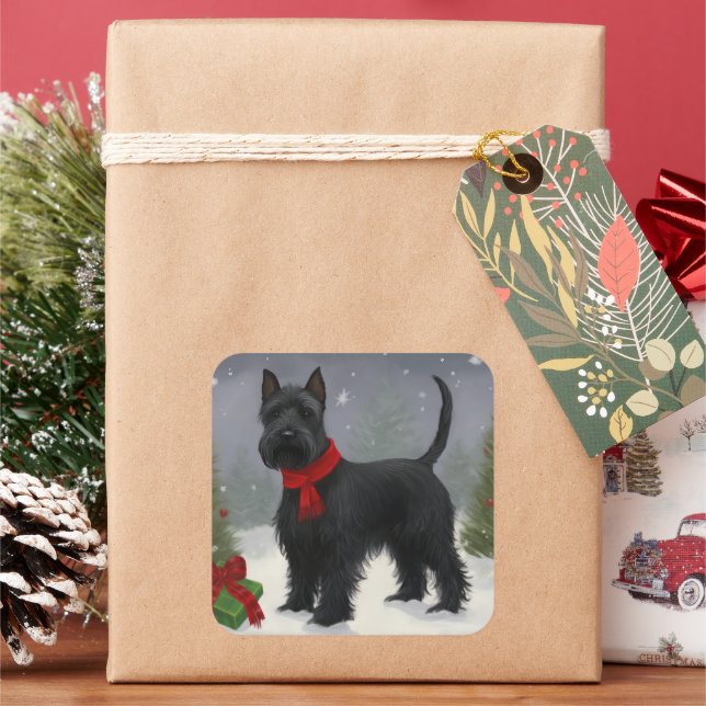 Scottish Terrier Dog in Snow Christmas Square Sticker (Holiday)