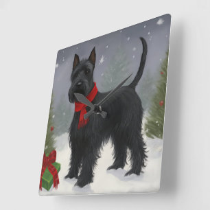 Scottish Terrier Dog in Snow Christmas Square Wall Clock