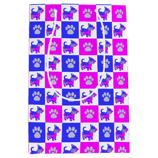 Scottish Terrier Dog & Paw Crazy Hot Pink and Blue Medium Gift Bag (Front)
