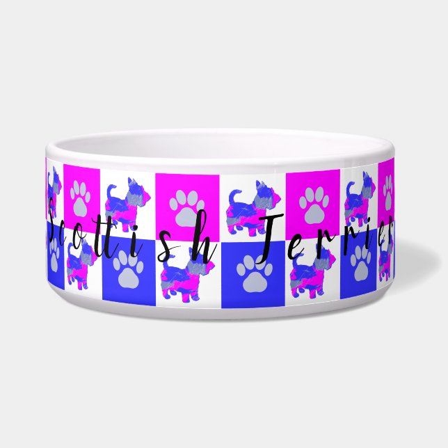 Scottish Terrier Dog & Paw Hot Pink &Blue Pet Bowl (Front)