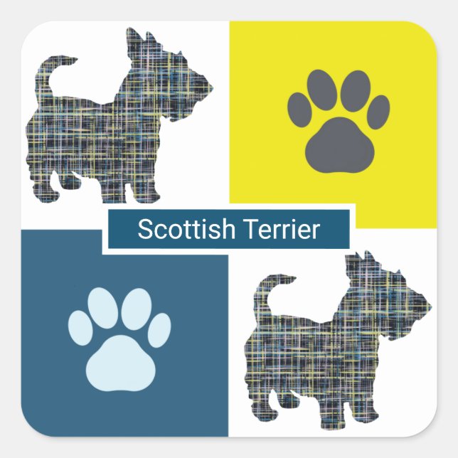 Scottish Terrier Dog & Paw Y&B Grid Square Sticker (Front)