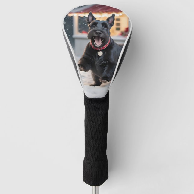 Scottish Terrier Dog Playing Christmas Snow Golf Head Cover (Front)