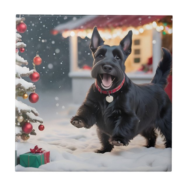 Scottish Terrier Dog Playing Christmas Snow Tile (Front)