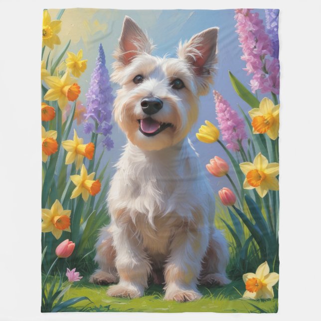 Scottish Terrier Dog Spring Flowers Painting Fleece Blanket (Front)