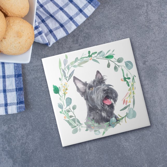 Scottish Terrier Dog Watercolor Wreath Tile (Creator Uploaded)