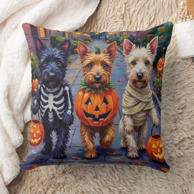 Scottish Terrier Dogs in Halloween Costumes Cushion (Blanket)