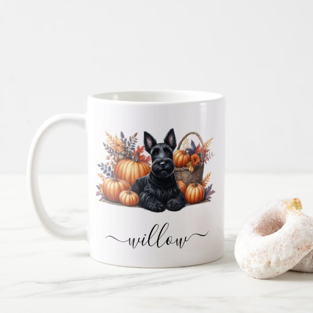 Scottish Terrier Fall Mug with Personalised Name (With Donut)