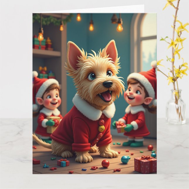 Scottish Terrier Helping Santa’s Elves Christmas Card (Yellow Flower)