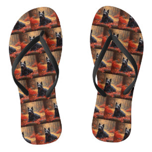 Scottish Terrier in Autumn Leaves Fall Inspire  Flip Flops