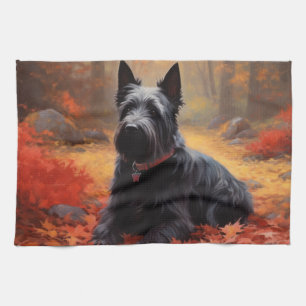 Scottish Terrier in Autumn Leaves Fall Inspire Tea Towel