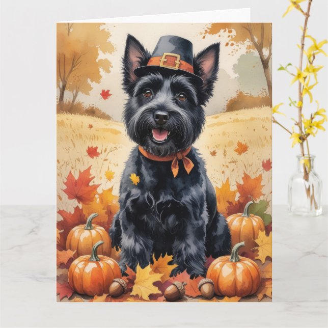 Scottish Terrier In Autumn Leaves Thanksgiving Art Card (Yellow Flower)