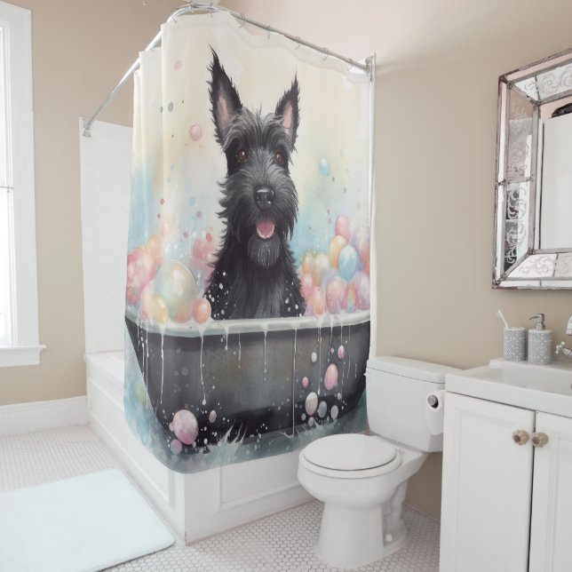 Scottish Terrier In Bathtub Watercolor Dog Art  Shower Curtain (In Situ)