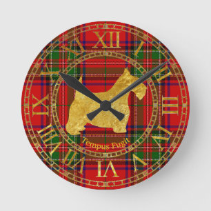 Scottish Terrier in Gold and Plaid Round Clock